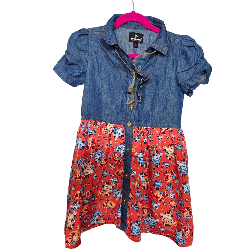 Dollhouse Girls Denim Floral Mixed Media Ruffle Button Front Dress Size 6X Blue